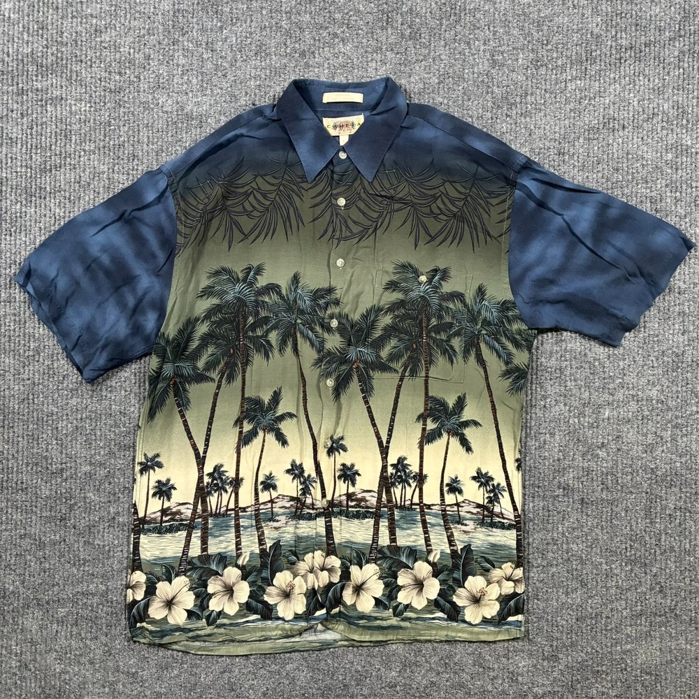 Campia Moda Vintage Hawaiian Shirt Mens L Rayon Scenic Palm Tree Beach Aloha